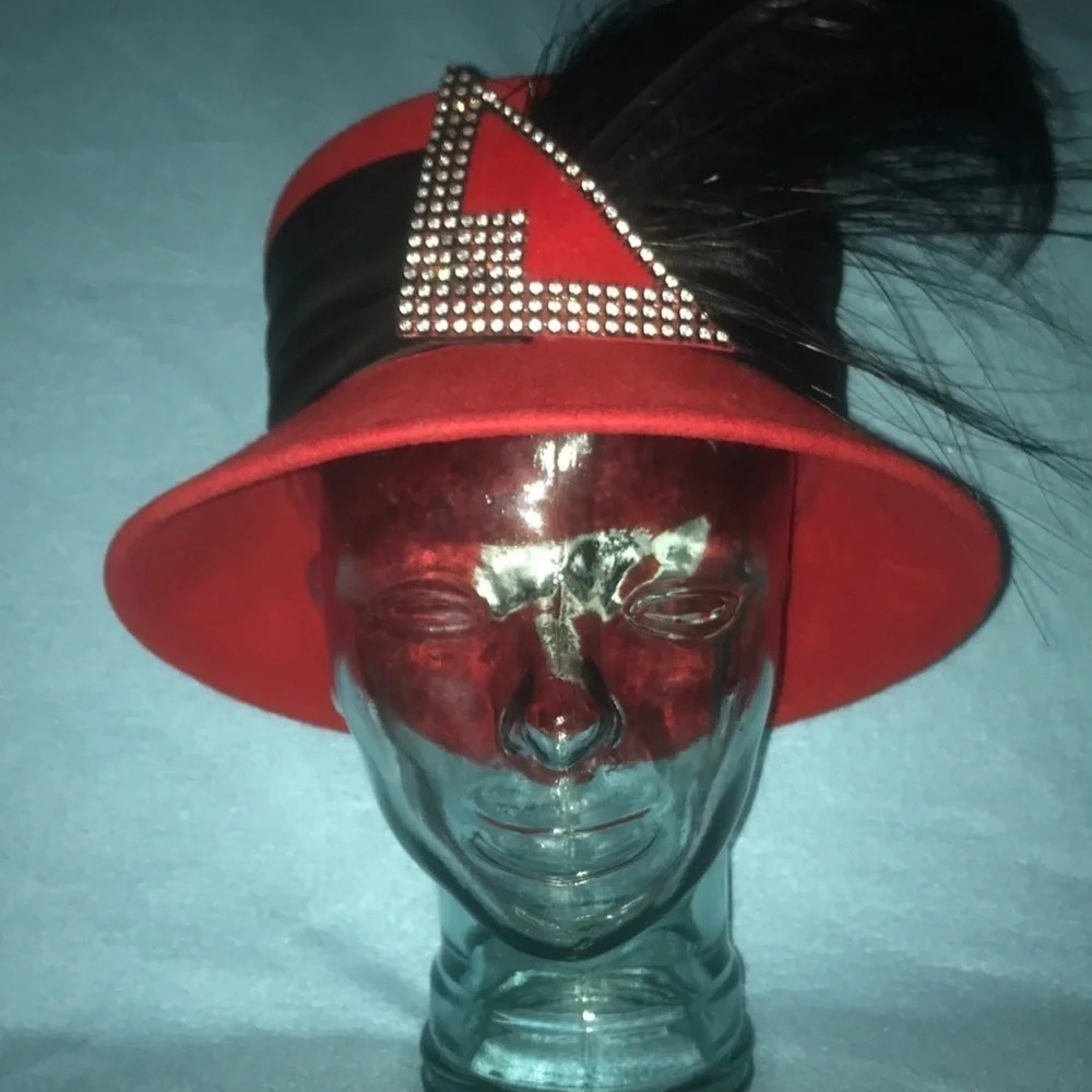 THE HAT GENERATION Red, Wide Black Band, Beautiful Feathers, Rhinestone Details
